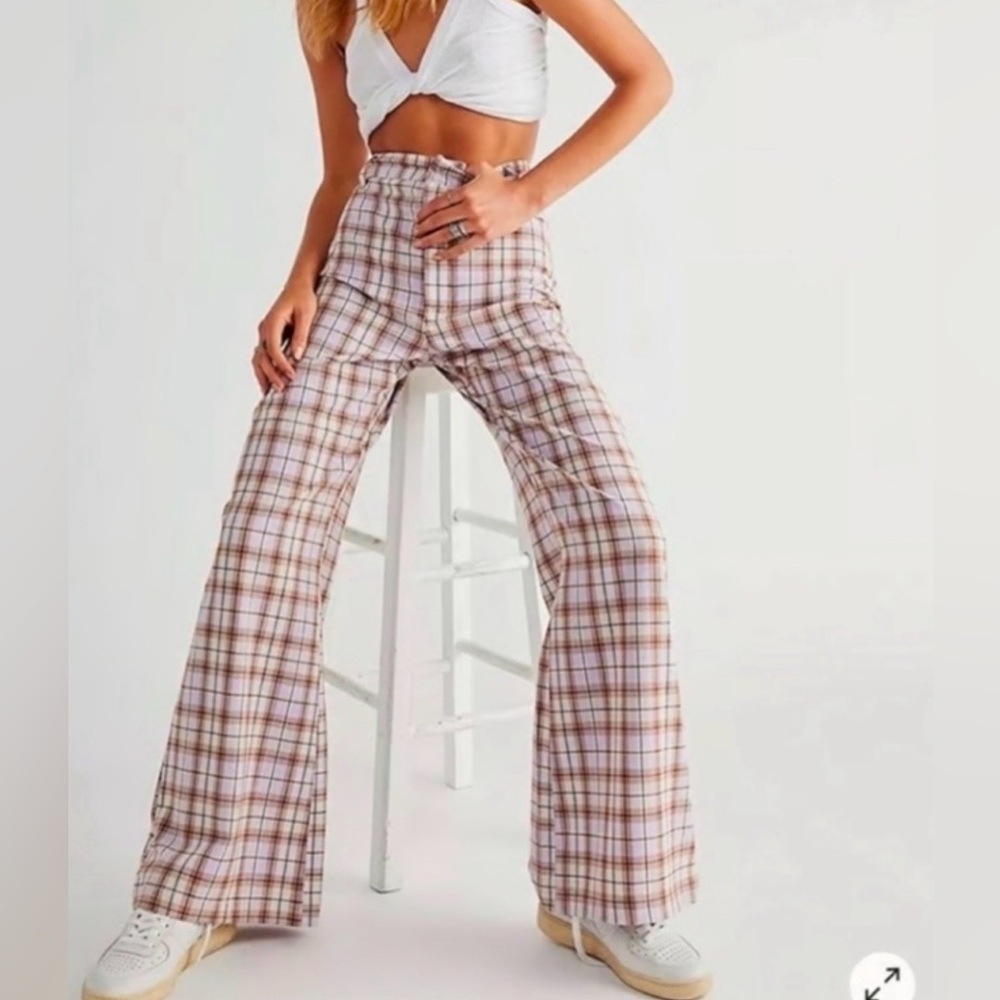 Free People Plaid Jules High Rise Wide Leg Plaid Trousers Sz 16 Academia Spring